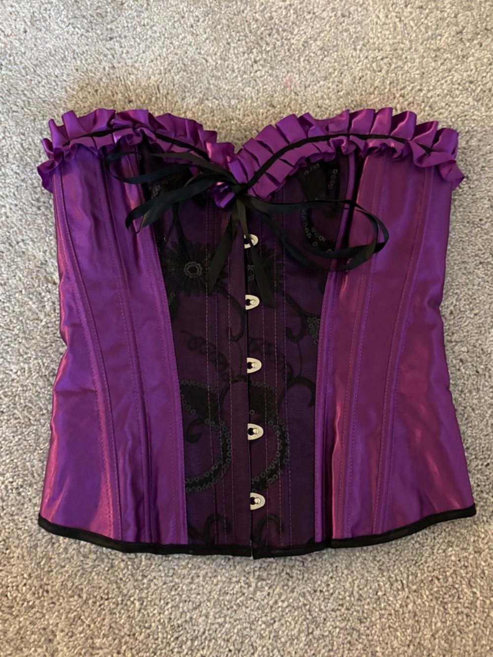 Spirit Purple Satin Strapless Corset with Black Lace Accents